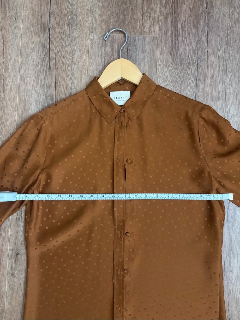 Sezane Copper Brown Dot-Texture Satin Dress Shirt - Picture 6 of 6